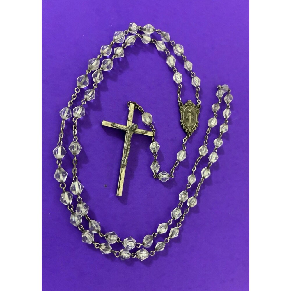 Vintage Bicone Opaque Faceted Glass Rosary, Virgin Mary Jesus Italy Christianity